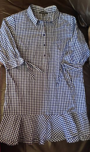 Blouse check top navy shirt with frill detail at the hem blue white loose fit would suit as maternity shirt or for oversized lookSize 16