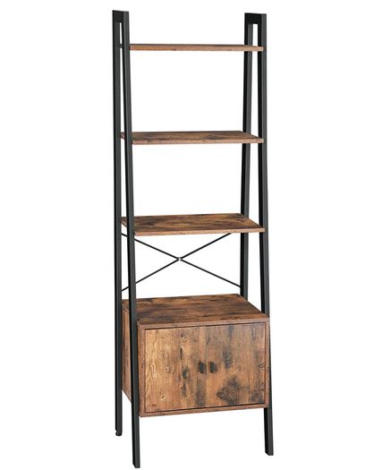_Standing shelf, ladder shelf, bookcase with cupboard, living room shelf, 4 shelves, sturdy iron frame, bedroom, office, 56 x 34 x 173 cm, industrial design, vintage, dark brown