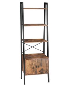 _Standing shelf, ladder shelf, bookcase with cupboard, living room shelf, 4 shelves, sturdy iron frame, bedroom, office, 56 x 34 x 173 cm, industrial design, vintage, dark brown