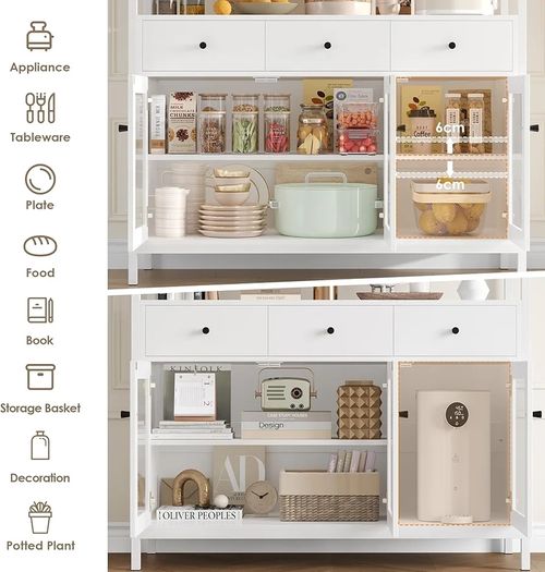 White Sideboard Storage Cabinet Kitchen Sideboard Buffet Cabinet with 3 Glass Doors 3 Drawers and Adjustable Shelves for Living Room Dining Room, Metal Frame 108x38x98.5cm