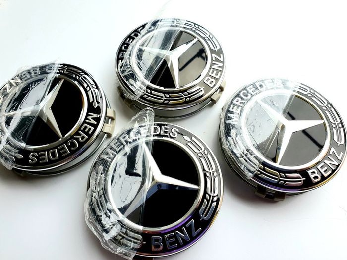 4 x Gloss Black 75mm  MERCEDES BENZ wheel CENTER CAPS (very strong fit, aluminum top) new style, for new models