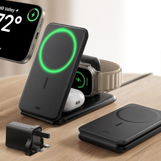 ESR for 3 in 1 Charging Station, 15W MagSafe Charger Stand for iPhone & Apple Watch Charger [Certified], Travel Charging for iPhone 17/16/15/14/13/12 & Watch & AirPods 4/3, Black, No bag