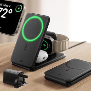 ESR for 3 in 1 Charging Station, 15W MagSafe Charger Stand for iPhone & Apple Watch Charger [Certified], Travel Charging for iPhone 17/16/15/14/13/12 & Watch & AirPods 4/3, Black, No bag