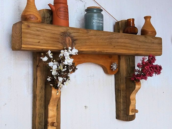 NEW Rustic Oak Beam Floating Shelf with hooks