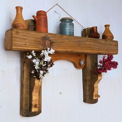 NEW Rustic Oak Beam Floating Shelf with hooks