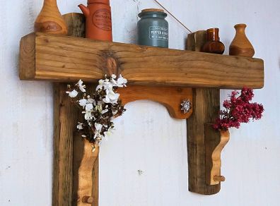 NEW Rustic Oak Beam Floating Shelf with hooks
