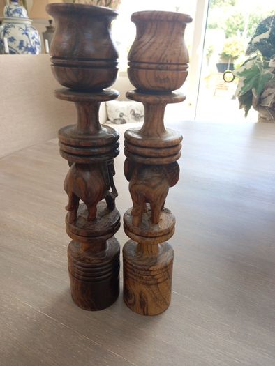 lovely pair of wooden african art handcrafted candlessticks