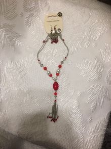 red bead and pearl necklace and earrings