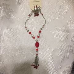 red bead and pearl necklace and earrings