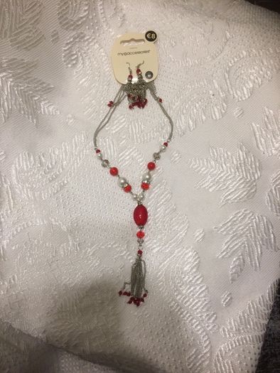 red bead and pearl necklace and earrings