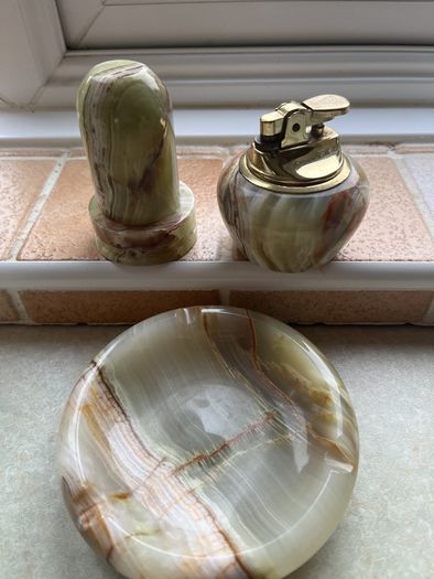 Vintage Japanese Green/Brown 1960's Onyx Marble Stone 3 pce set