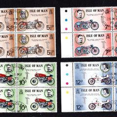 1975 Isle of Man Tourist Trophy Motorcycle Races Commemorative Stamps Fine Used Marginal Blocks of 4