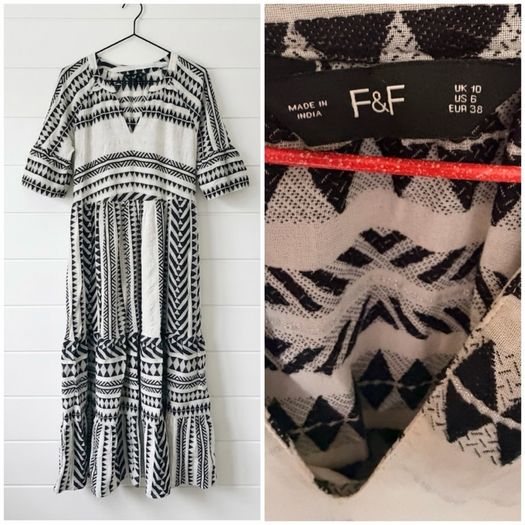Boho maxi dress F&F Aztec folk festival fab black & white