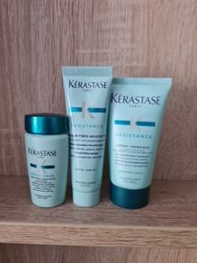 travel size Kerastase Resistance, including the Bain Force Architecte shampoo and Masque Force Architecte reconstructing mask and Ciment Thermique 50ml