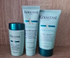 travel size Kerastase Resistance, including the Bain Force Architecte shampoo and Masque Force Architecte reconstructing mask and Ciment Thermique 50ml