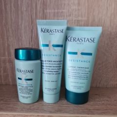 travel size Kerastase Resistance, including the Bain Force Architecte shampoo and Masque Force Architecte reconstructing mask and Ciment Thermique 50ml