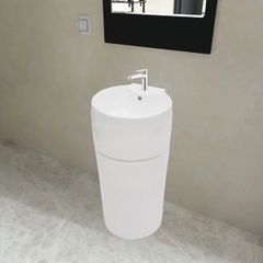 VIDAXL Ceramic Stand Bathroom Sink Basin Faucet/Overflow Hole White Round!
