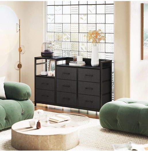 Black Chest of Drawers Bedroom, 8 Fabric Drawers, 30x132x88cm Contains 2 USB & 2 AC Ports Sockets, Storage Dresser with 8 Fabric Drawers Suitable for Bedrooms, Living Rooms