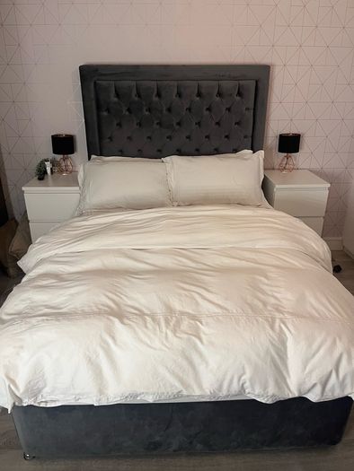 Double grey velvet bed with built in storage drawers