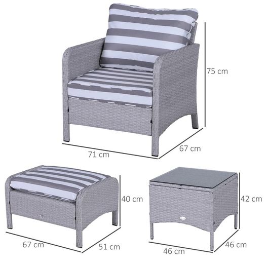 5 Pcs PE Rattan Garden Furniture Set, 2 Armchairs 2 Stools Glass Top Table Cushions Wicker Weave Chairs Outdoor Seating