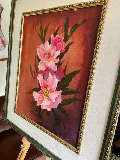 Vintage Peonies Floral Original Acrylic Painting In Ornate Frame