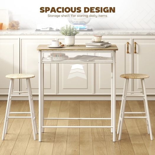 3 Piece Bar Table Set, Bar Table with Shelf, 2 Stools with Footrest, Kitchen Table and Chairs for Dining Room, Pub, Cafe