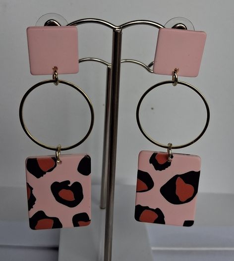 Pastel Pink Leopard Print Geometric Earrings