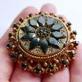 Antique Beautiful Florenza Goldtone Gilt Jet Art Brooch Pin Image 8