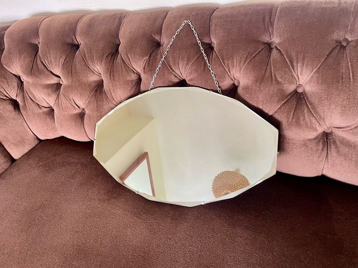 Petite Oval Bevelled Early 20th Century Frameless Mirror with Original Chain
