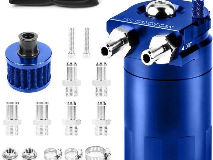 Oil Catch Can, 300 ml Aluminum Oil Catch Breather Can Auto, Universal Aluminum Reservoir Tank with Filter, Joints, PVC Hose, Cable Ties, Screws, Nuts, O-rings (Blue)