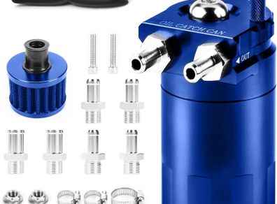 Oil Catch Can, 300 ml Aluminum Oil Catch Breather Can Auto, Universal Aluminum Reservoir Tank with Filter, Joints, PVC Hose, Cable Ties, Screws, Nuts, O-rings (Blue)
