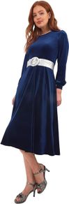 Joe Browns Women's Puff Sleeve Full Velvet Midi Dress, Casual Evening Dress, Blue, Size S/36
