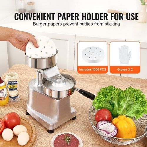 Commercial Burger Patty Maker, 130mm/5inch Hamburger Beef Patty Maker, Heavy Duty Food-Grade Stainless Steel Bowl Burger Press Machine, Kitchen Meat Forming Processor with 1000 Pcs Patty Papers