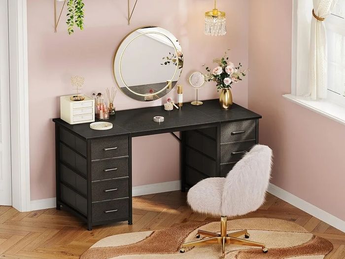 Computer Desk with 8 Fabric Drawers, Office Desk with Storage 120 x 48 cm Black Home Office Desk, PC Study Desk for Bedroom and Living Room Compact Work Table with More Storage Space