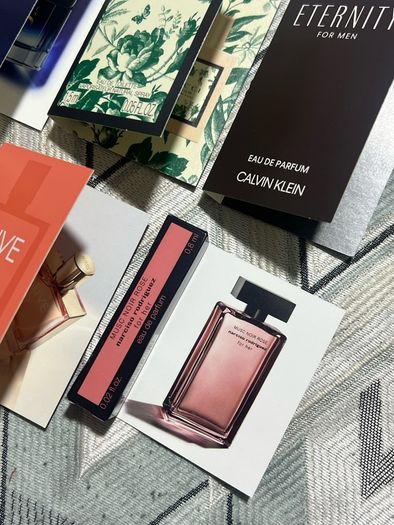 Selection of luxury perfume samples, paco rabanne pure XS, Gucci guilty, Gucci bloom, Calvin Klein eternity, boss alive, narciso Rodriguez new