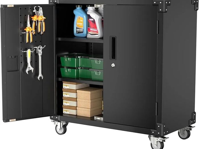 Metal Storage Cabinet with Wheels, Rolling Storage Cabinet with 2 Doors and Adjustable Shelves, Pegboard and 4 Hooks, Suitable for Garage, Home, Office, School, Black
