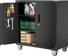 Metal Storage Cabinet with Wheels, Rolling Storage Cabinet with 2 Doors and Adjustable Shelves, Pegboard and 4 Hooks, Suitable for Garage, Home, Office, School, Black