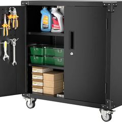 Metal Storage Cabinet with Wheels, Rolling Storage Cabinet with 2 Doors and Adjustable Shelves, Pegboard and 4 Hooks, Suitable for Garage, Home, Office, School, Black