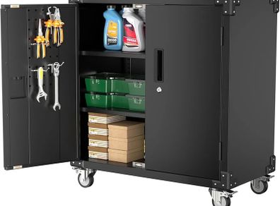 Metal Storage Cabinet with Wheels, Rolling Storage Cabinet with 2 Doors and Adjustable Shelves, Pegboard and 4 Hooks, Suitable for Garage, Home, Office, School, Black