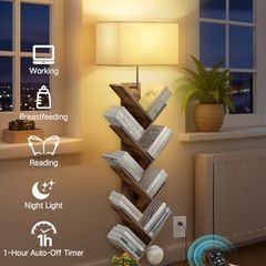 9 Tier Tree Bookshelf with Light & Remote, Dimmable Tall Floor Standing Lamp