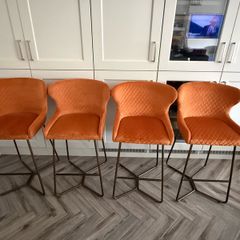 Set of 4 Orange Velvet Bar Stools
