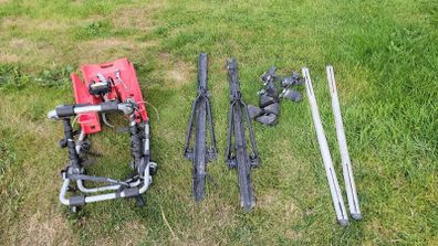 Car roof bike racks, Rear door mounted bike rack, Rear bicycle seat for child and roof rack equipment.