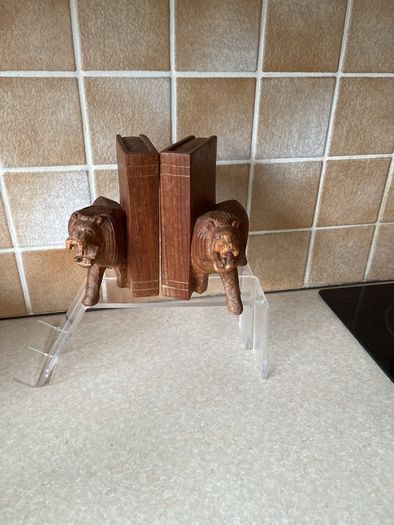 Handcarved Wooden Roaring Lions Bookends