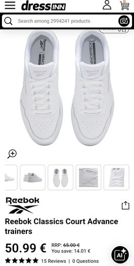 Brand New Reebok Court Advance White mens trainers size 8.5