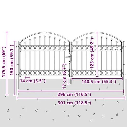 Fence Gate Double Door with Arched Top Steel 300x125 cm Black