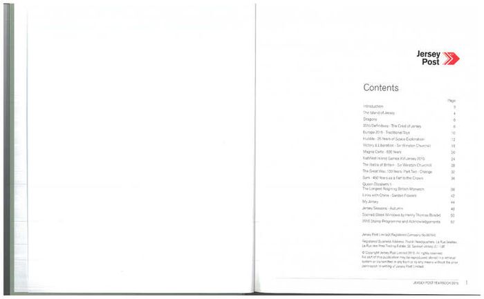 2015 Jersey Stamp Year Book (hardback) issued by Jersey Post includes 28 images of contents
