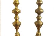 Pair Antique Brass Candlesticks 30cm Tall - Diamond Cut - Square Base - Heavy