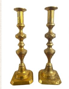 Pair Antique Brass Candlesticks 30cm Tall - Diamond Cut - Square Base - Heavy
