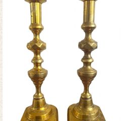 Pair Antique Brass Candlesticks 30cm Tall - Diamond Cut - Square Base - Heavy