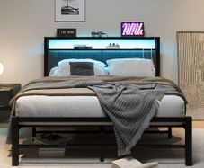 Double Bed Frame with Storage and LED Lights,4ft6 Metal Platform Bed Frame Double